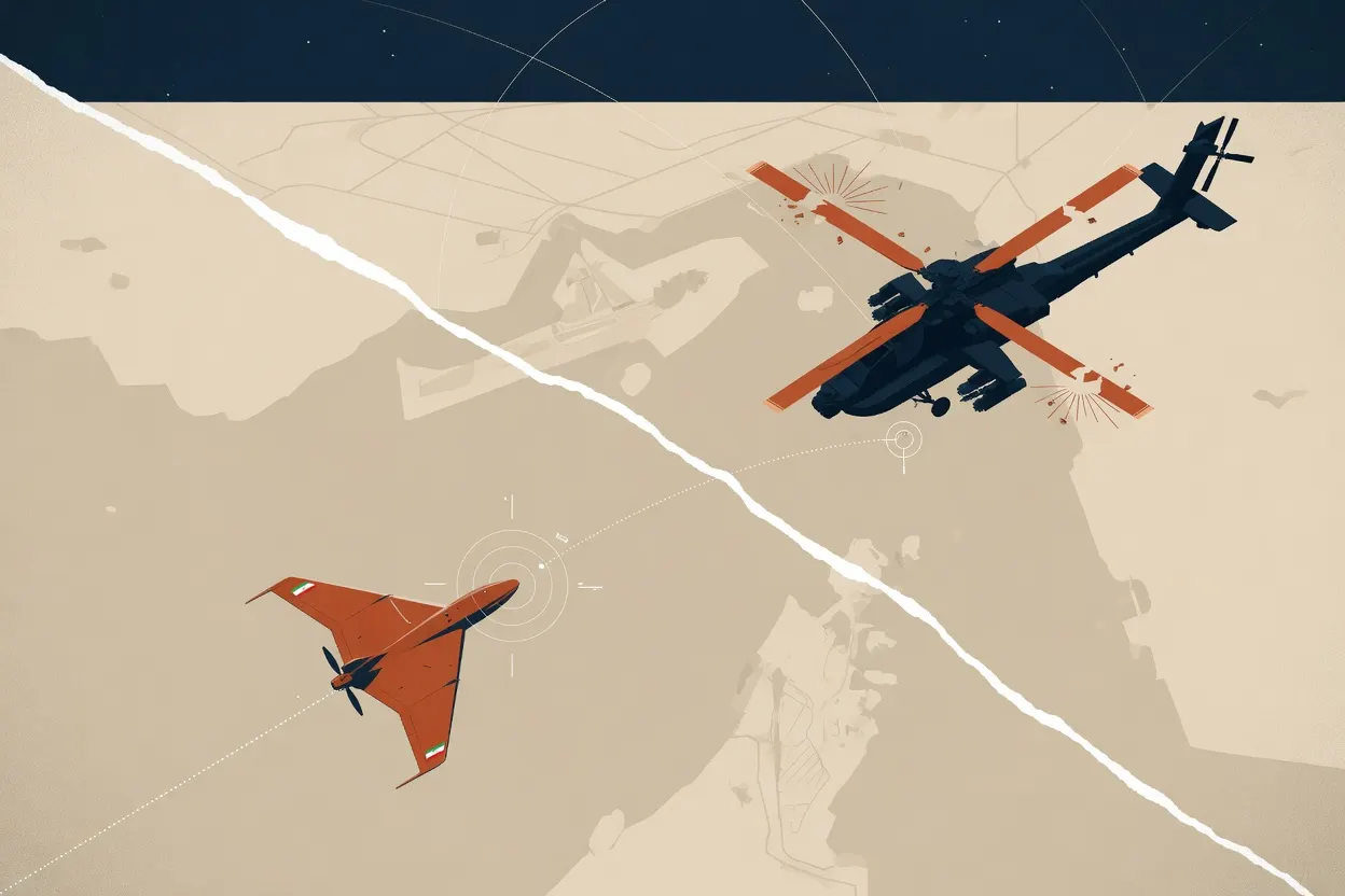 Iranian Shahed drone clips US Apache helicopter near Hormuz
